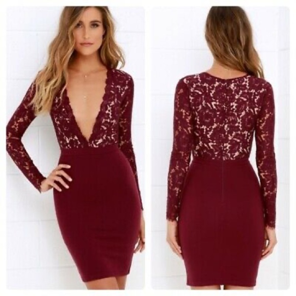 Lulus wine red lace plunge dress